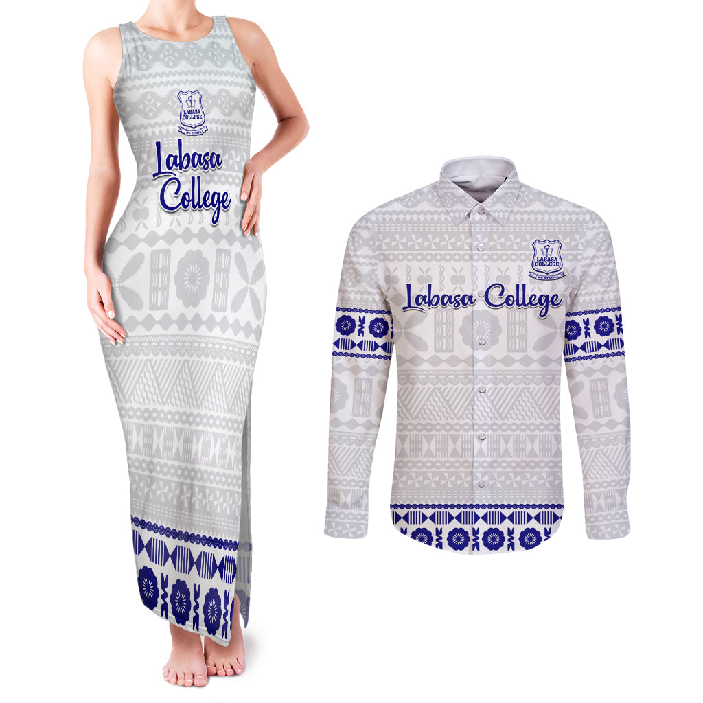Personalised Fiji Labasa College Couples Matching Tank Maxi Dress and Long Sleeve Button Shirt Fijian Tapa Pattern - Wonder Print Shop
