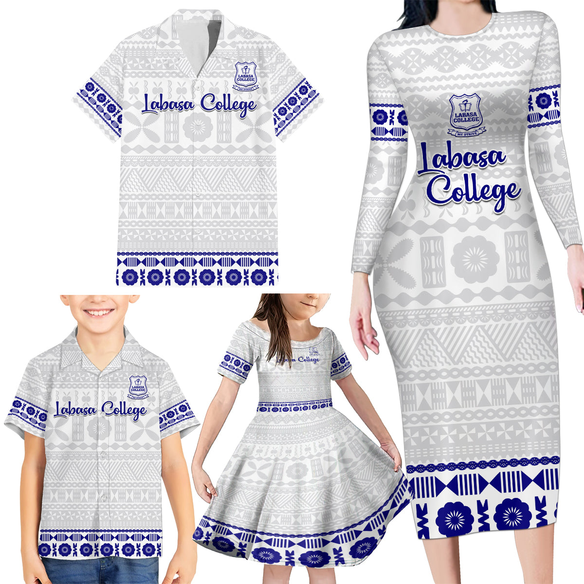 Personalised Fiji Labasa College Family Matching Long Sleeve Bodycon Dress and Hawaiian Shirt Fijian Tapa Pattern - Wonder Print Shop