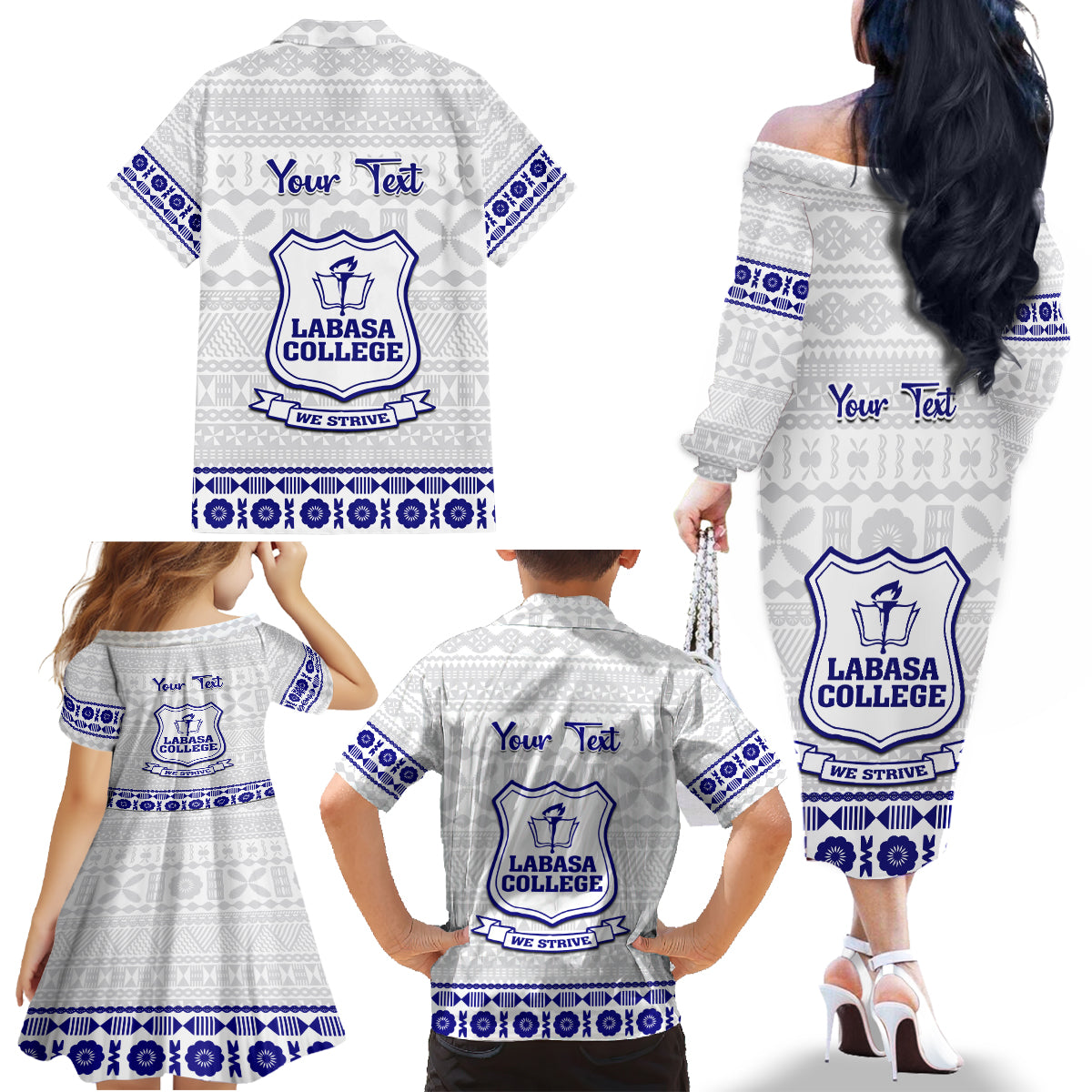 Personalised Fiji Labasa College Family Matching Off Shoulder Long Sleeve Dress and Hawaiian Shirt Fijian Tapa Pattern - Wonder Print Shop