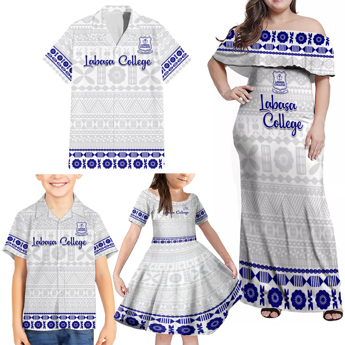 Personalised Fiji Labasa College Family Matching Off Shoulder Maxi Dress and Hawaiian Shirt Fijian Tapa Pattern - Wonder Print Shop