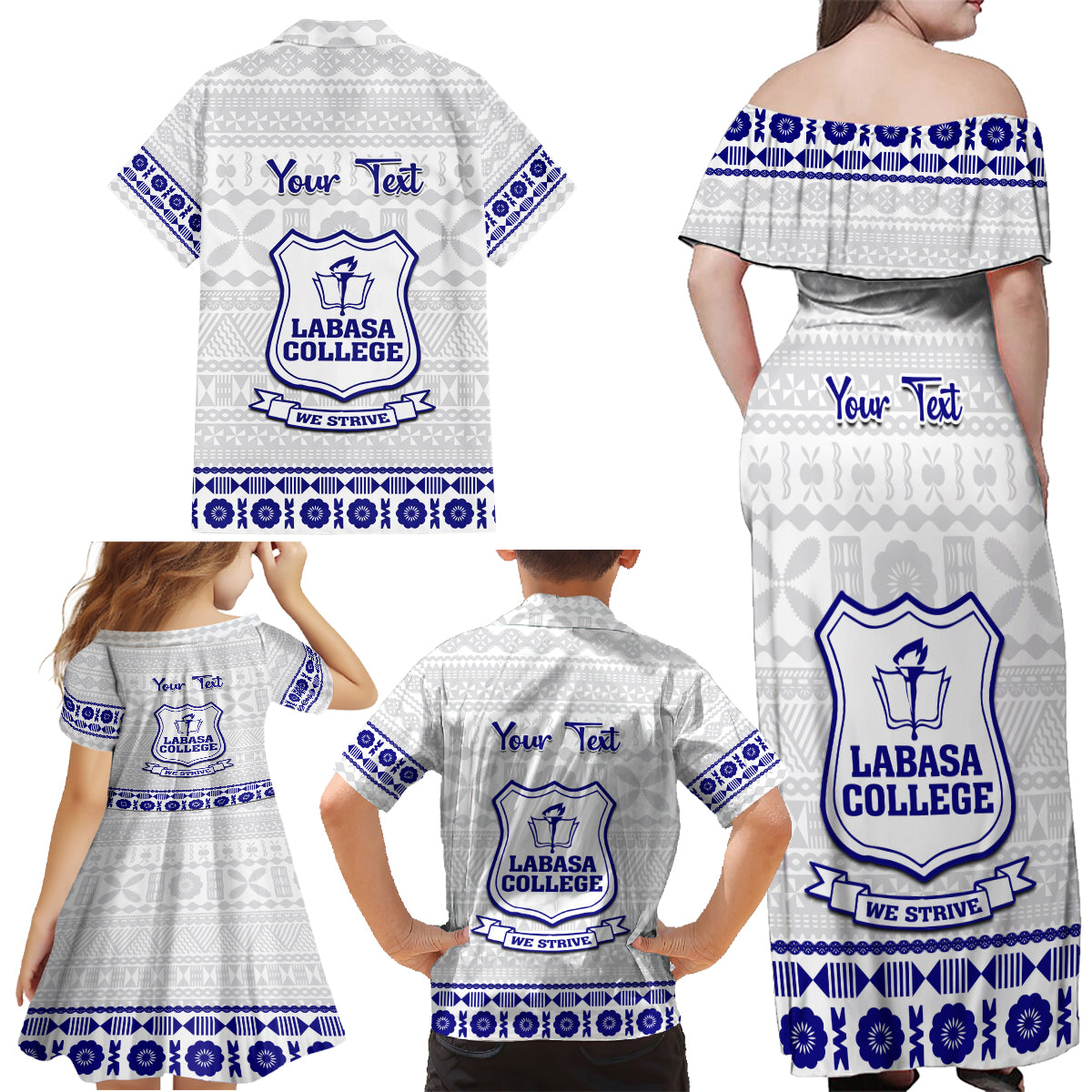 Personalised Fiji Labasa College Family Matching Off Shoulder Maxi Dress and Hawaiian Shirt Fijian Tapa Pattern - Wonder Print Shop