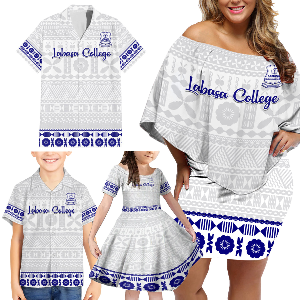 Personalised Fiji Labasa College Family Matching Off Shoulder Short Dress and Hawaiian Shirt Fijian Tapa Pattern - Wonder Print Shop