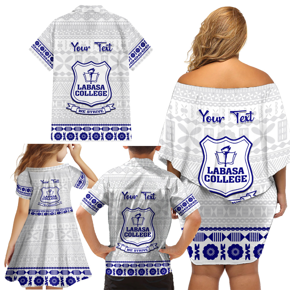Personalised Fiji Labasa College Family Matching Off Shoulder Short Dress and Hawaiian Shirt Fijian Tapa Pattern - Wonder Print Shop