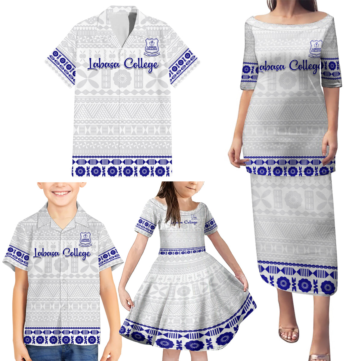 Personalised Fiji Labasa College Family Matching Puletasi Dress and Hawaiian Shirt Fijian Tapa Pattern - Wonder Print Shop