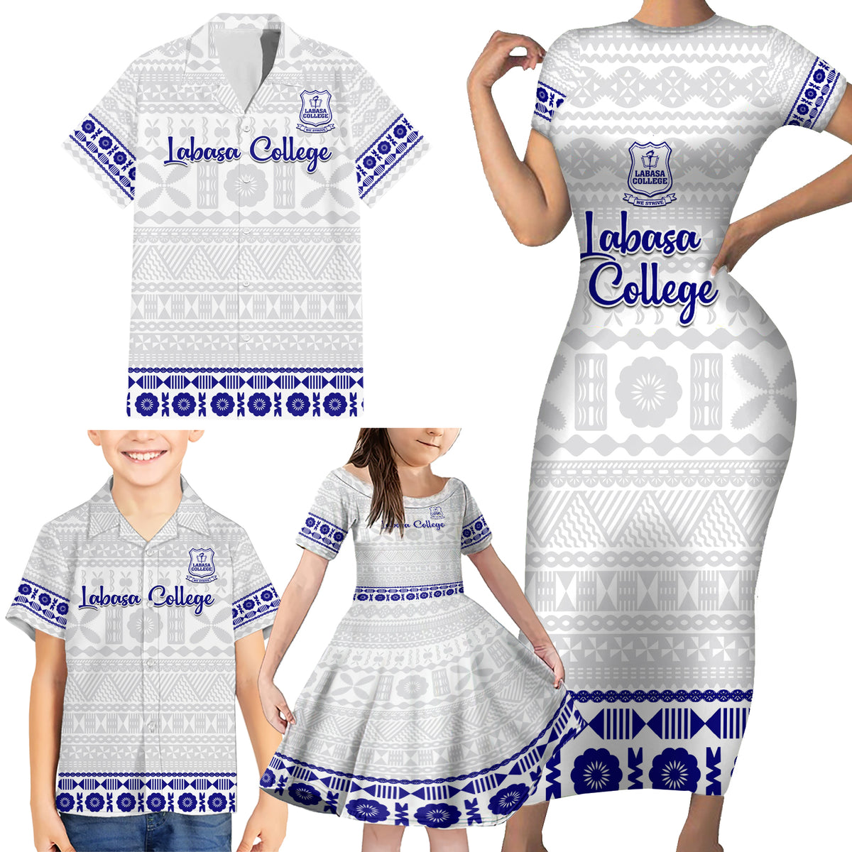 Personalised Fiji Labasa College Family Matching Short Sleeve Bodycon Dress and Hawaiian Shirt Fijian Tapa Pattern - Wonder Print Shop