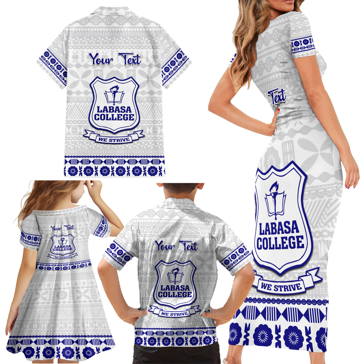 Personalised Fiji Labasa College Family Matching Short Sleeve Bodycon Dress and Hawaiian Shirt Fijian Tapa Pattern - Wonder Print Shop