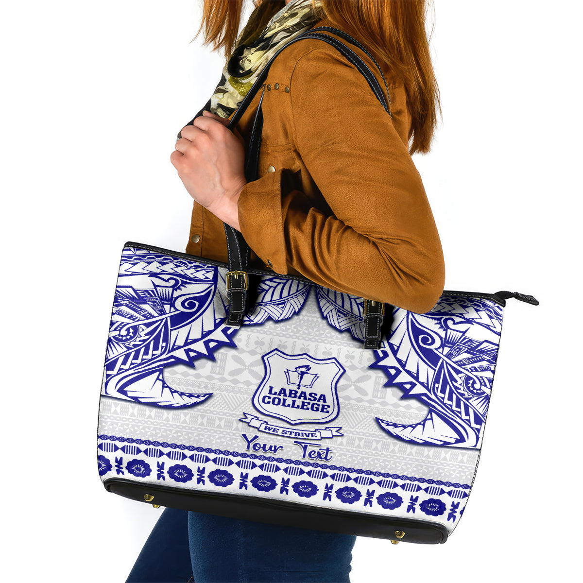 Personalised Fiji Labasa College Leather Tote Bag Fijian Tapa Pattern - Wonder Print Shop