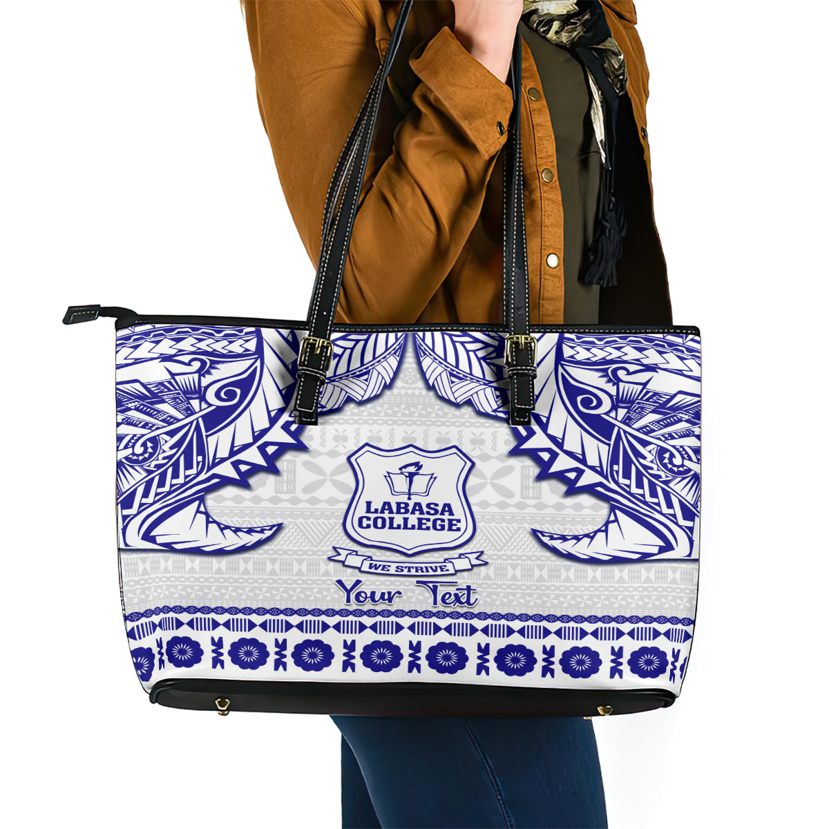 Personalised Fiji Labasa College Leather Tote Bag Fijian Tapa Pattern - Wonder Print Shop