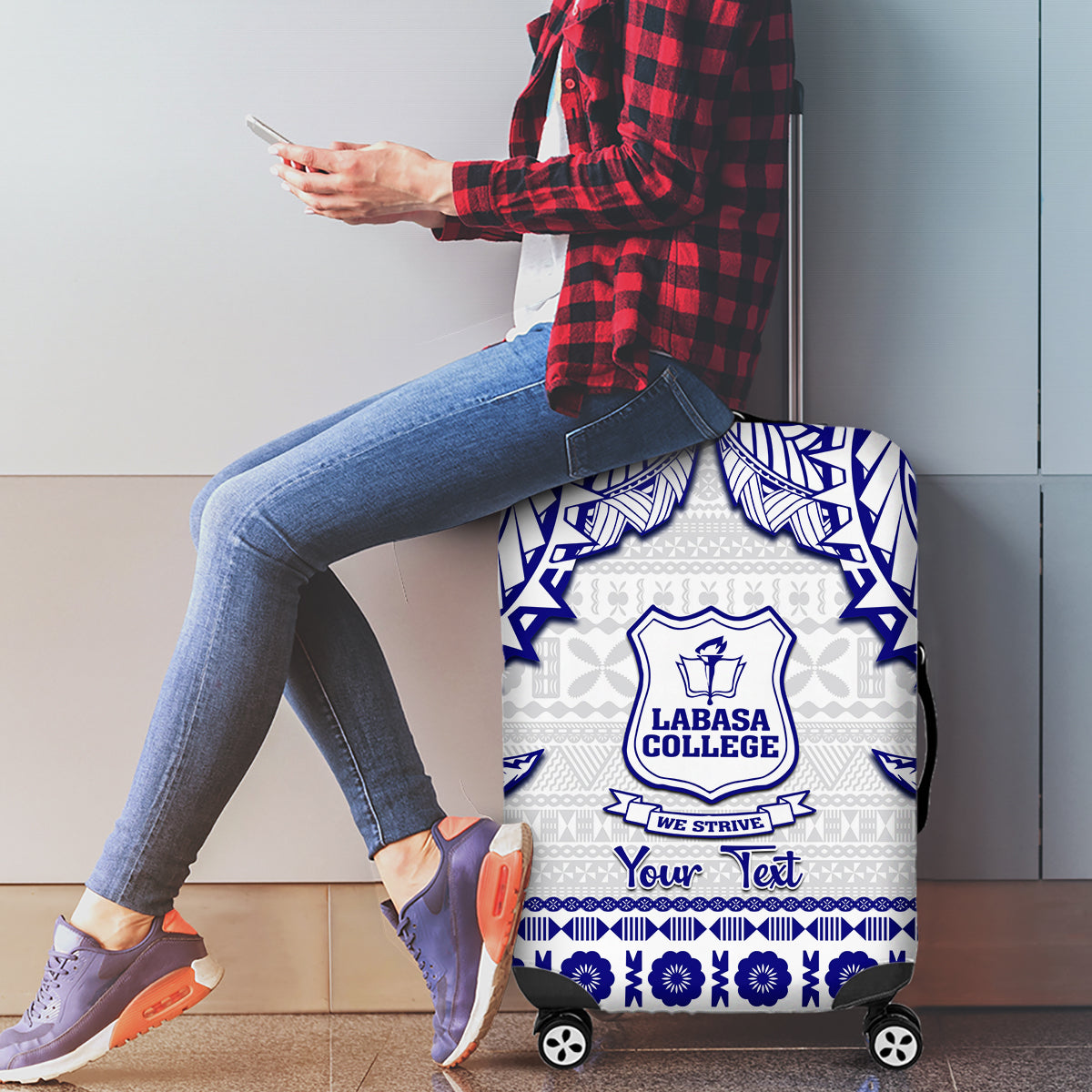 Personalised Fiji Labasa College Luggage Cover Fijian Tapa Pattern - Wonder Print Shop