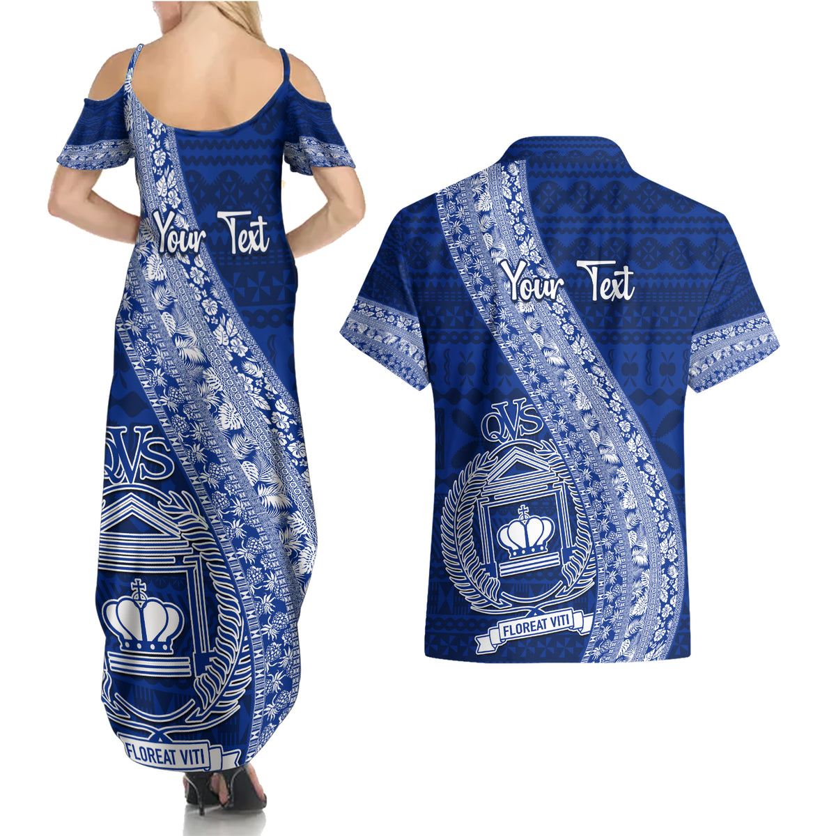 Personalised Fiji Queen Victoria School Couples Matching Summer Maxi Dress and Hawaiian Shirt Fijian Tapa Pattern - Wonder Print Shop