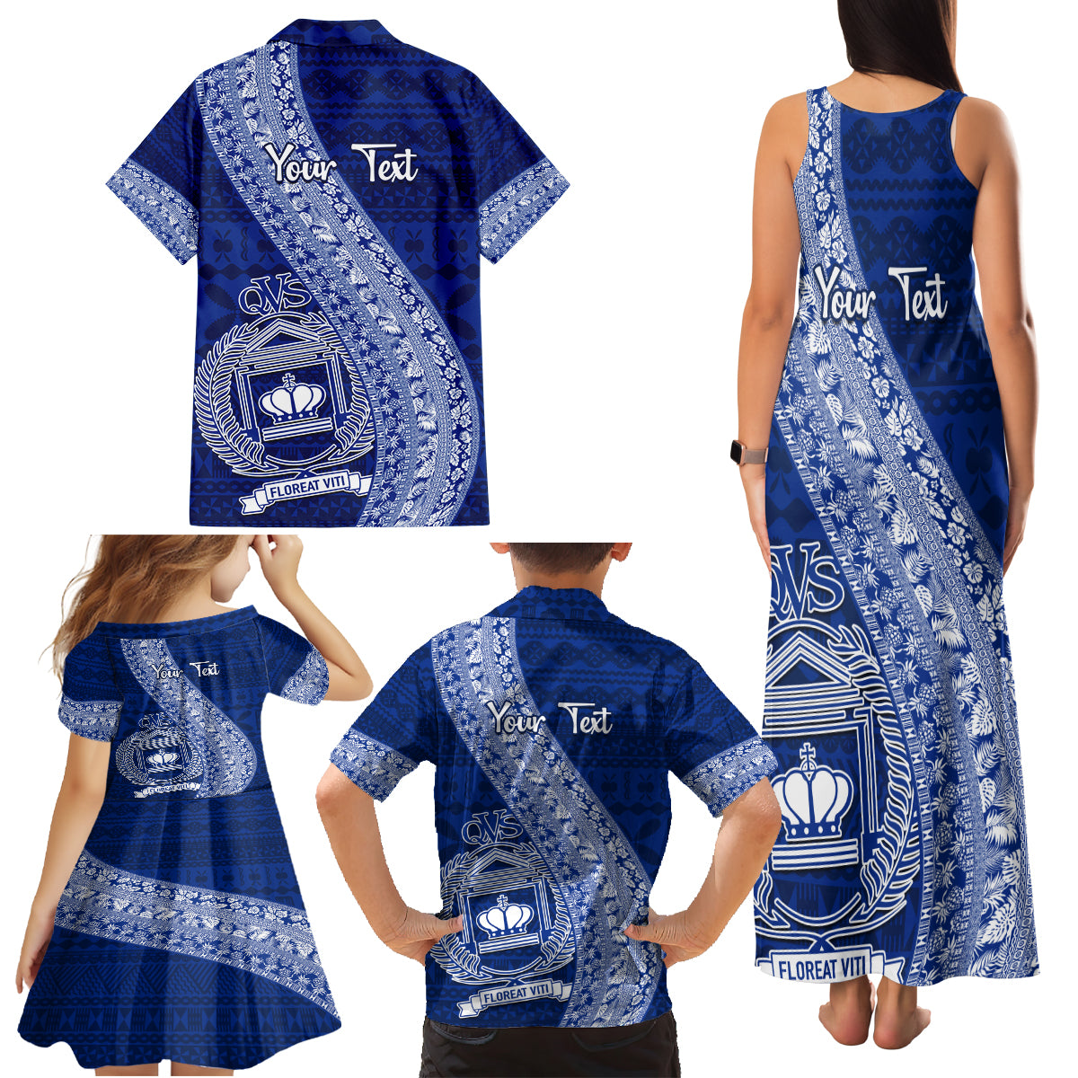 Personalised Fiji Queen Victoria School Family Matching Tank Maxi Dress and Hawaiian Shirt Fijian Tapa Pattern - Wonder Print Shop
