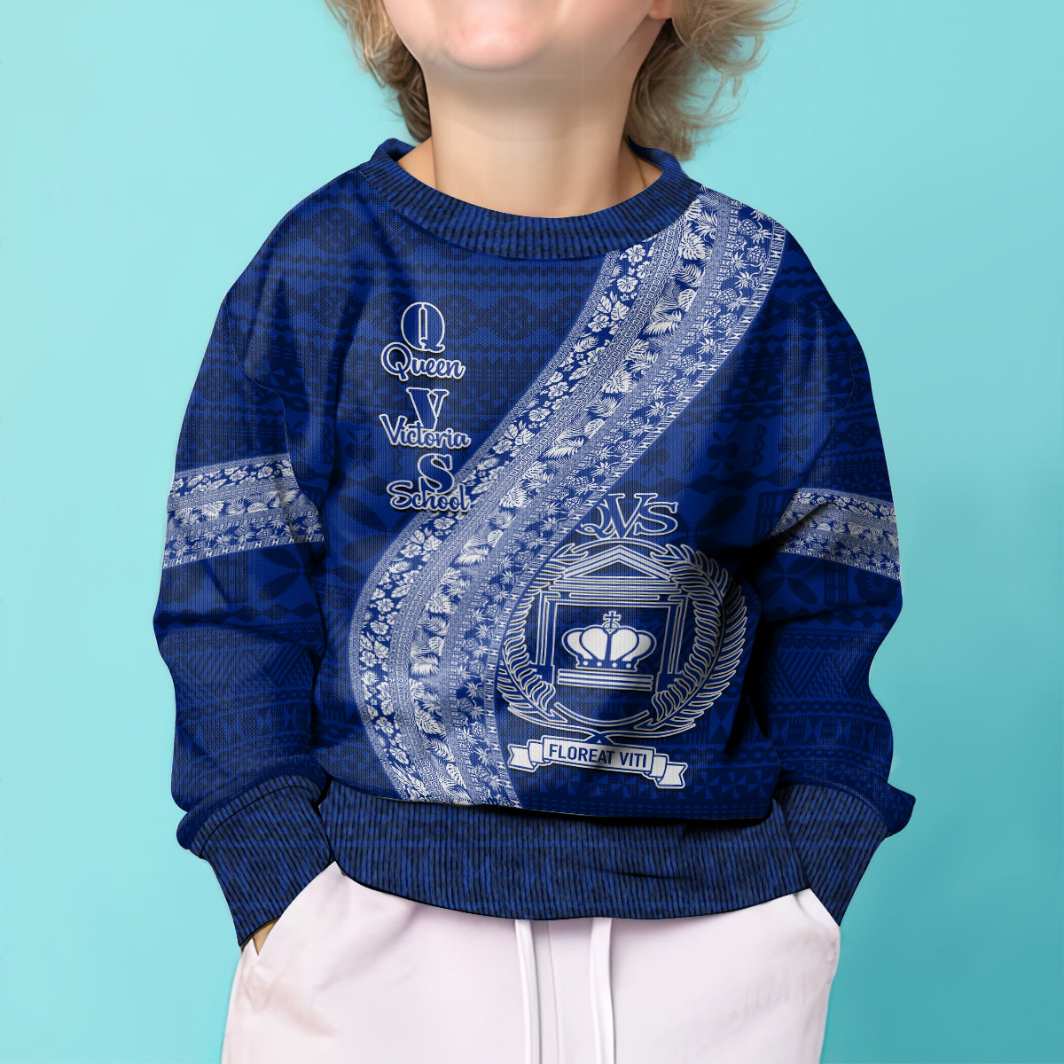 Personalised Fiji Queen Victoria School Kid Ugly Christmas Sweater Fijian Tapa Pattern - Wonder Print Shop