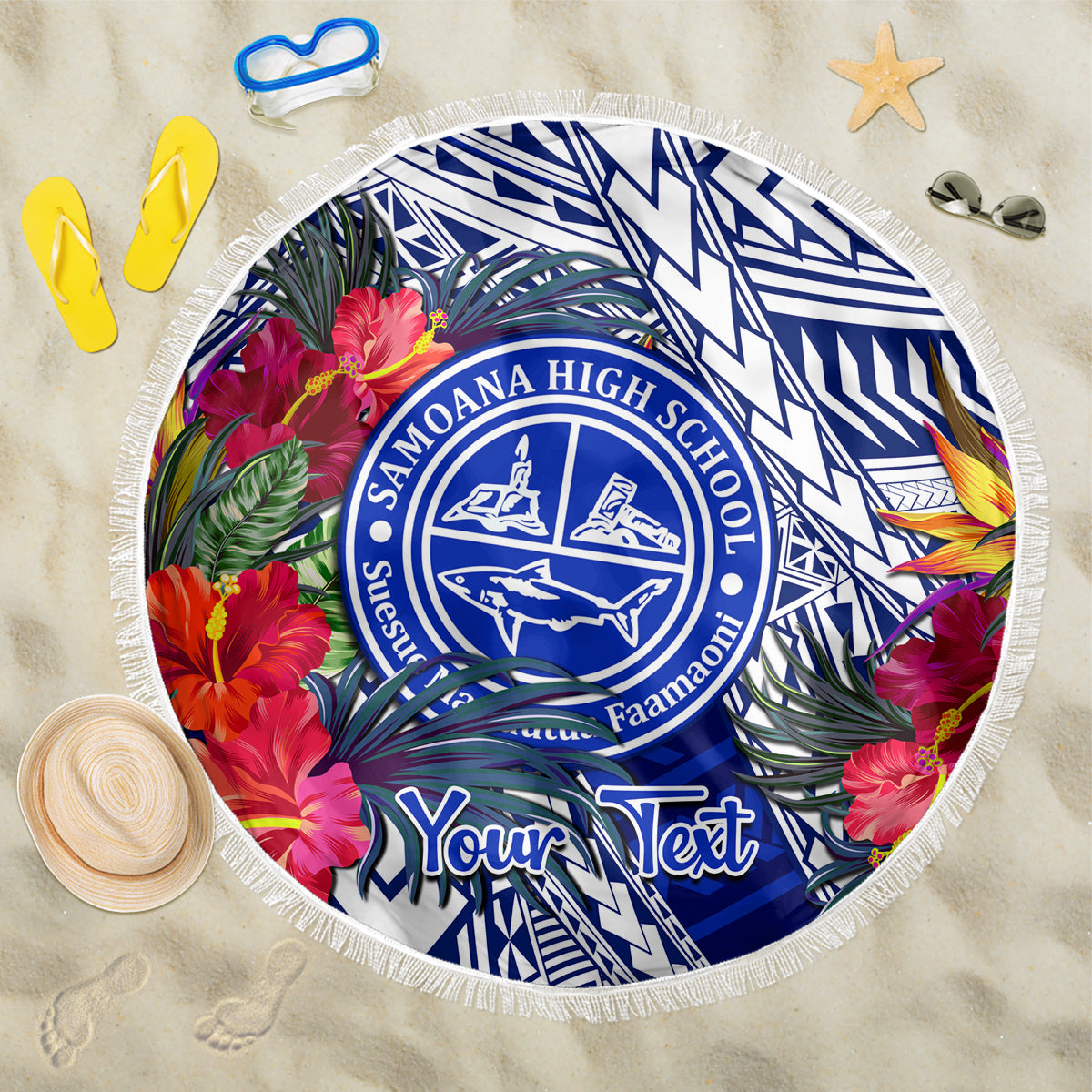 Personalised Samoana High School Beach Blanket American Samoa Schools Polynesian Tropical Flowers - Wonder Print Shop