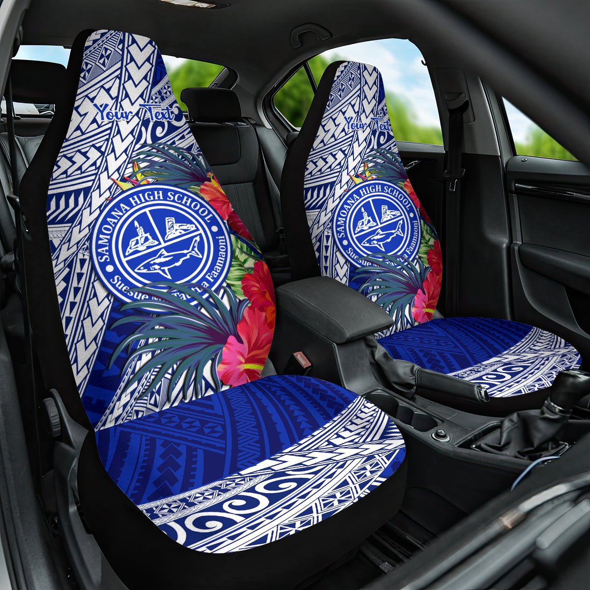 Personalised Samoana High School Car Seat Cover American Samoa Schools Polynesian Tropical Flowers - Wonder Print Shop