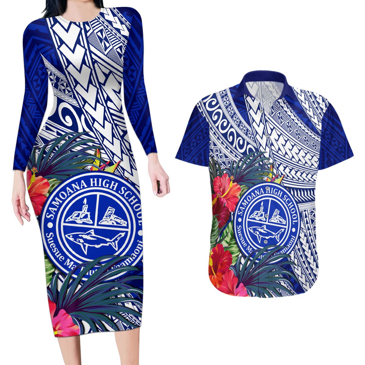 Personalised Samoana High School Couples Matching Long Sleeve Bodycon Dress and Hawaiian Shirt American Samoa Schools Polynesian Tropical Flowers - Wonder Print Shop