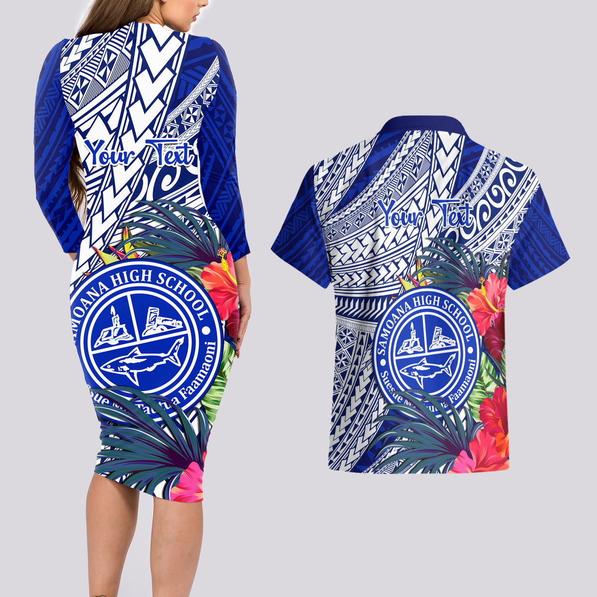 Personalised Samoana High School Couples Matching Long Sleeve Bodycon Dress and Hawaiian Shirt American Samoa Schools Polynesian Tropical Flowers - Wonder Print Shop