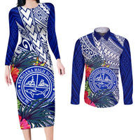 Personalised Samoana High School Couples Matching Long Sleeve Bodycon Dress and Long Sleeve Button Shirt American Samoa Schools Polynesian Tropical Flowers - Wonder Print Shop