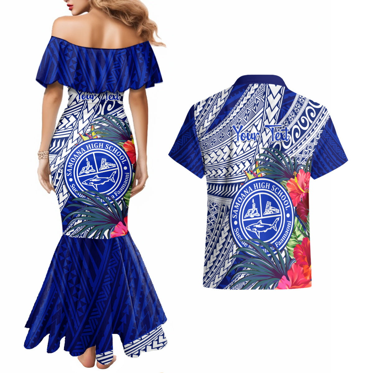 Personalised Samoana High School Couples Matching Mermaid Dress and Hawaiian Shirt American Samoa Schools Polynesian Tropical Flowers - Wonder Print Shop