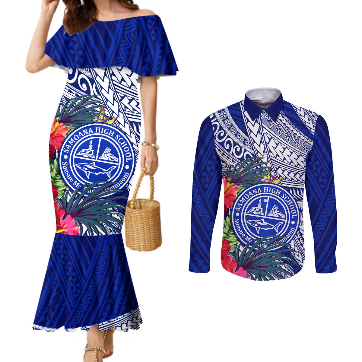 personalised-samoana-high-school-couples-matching-mermaid-dress-and-long-sleeve-button-shirt-american-samoa-schools-polynesian-tropical-flowers