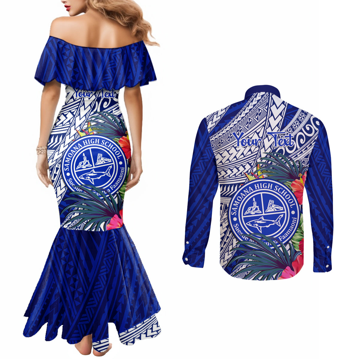 personalised-samoana-high-school-couples-matching-mermaid-dress-and-long-sleeve-button-shirt-american-samoa-schools-polynesian-tropical-flowers
