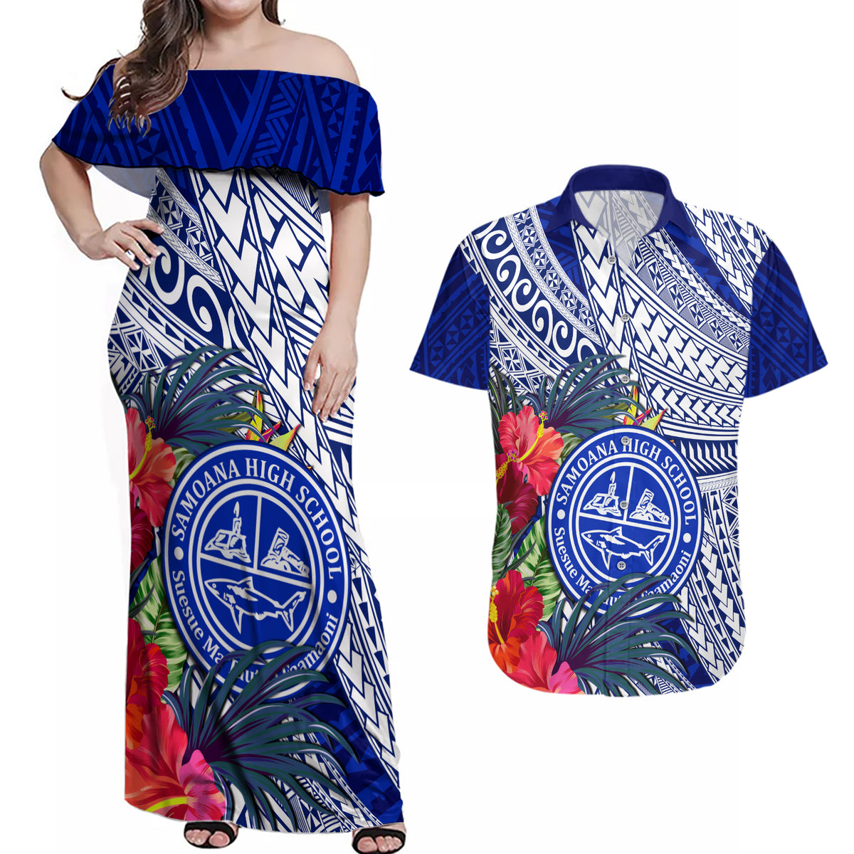 Personalised Samoana High School Couples Matching Off Shoulder Maxi Dress and Hawaiian Shirt American Samoa Schools Polynesian Tropical Flowers - Wonder Print Shop