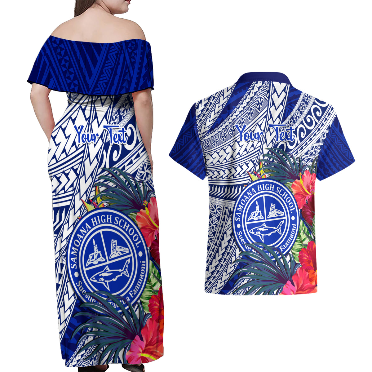Personalised Samoana High School Couples Matching Off Shoulder Maxi Dress and Hawaiian Shirt American Samoa Schools Polynesian Tropical Flowers - Wonder Print Shop