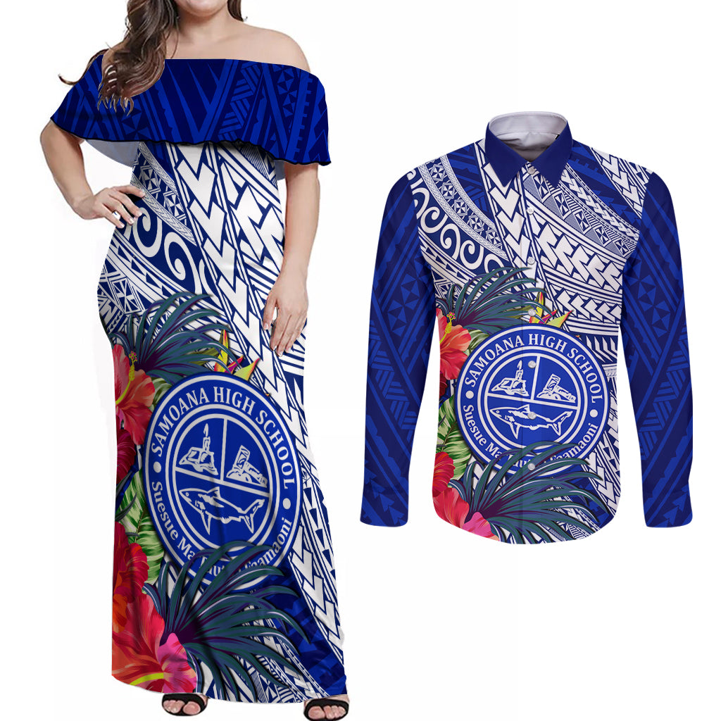 Personalised Samoana High School Couples Matching Off Shoulder Maxi Dress and Long Sleeve Button Shirt American Samoa Schools Polynesian Tropical Flowers - Wonder Print Shop
