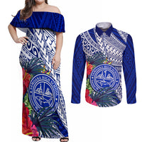 Personalised Samoana High School Couples Matching Off Shoulder Maxi Dress and Long Sleeve Button Shirt American Samoa Schools Polynesian Tropical Flowers - Wonder Print Shop