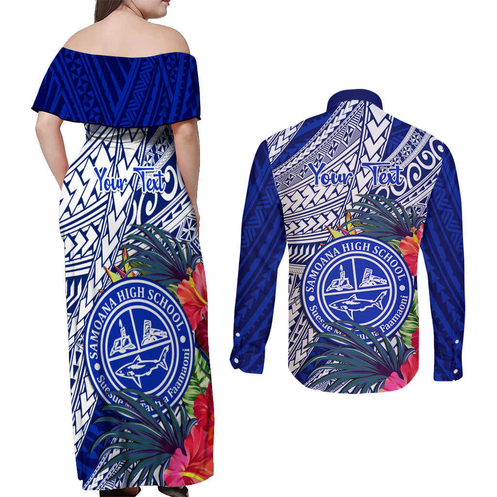 Personalised Samoana High School Couples Matching Off Shoulder Maxi Dress and Long Sleeve Button Shirt American Samoa Schools Polynesian Tropical Flowers - Wonder Print Shop