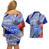 Personalised Samoana High School Couples Matching Off Shoulder Short Dress and Hawaiian Shirt American Samoa Schools Polynesian Tropical Flowers - Wonder Print Shop