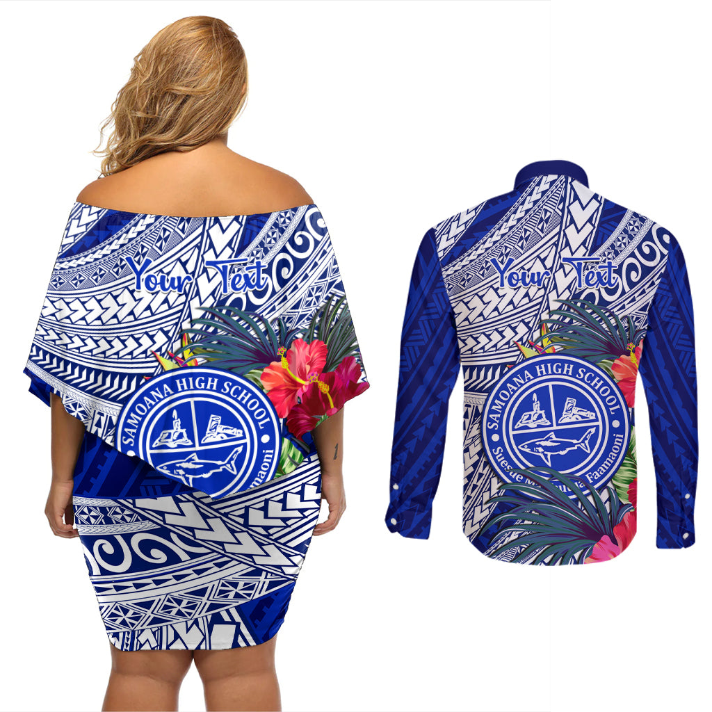 Personalised Samoana High School Couples Matching Off Shoulder Short Dress and Long Sleeve Button Shirt American Samoa Schools Polynesian Tropical Flowers - Wonder Print Shop