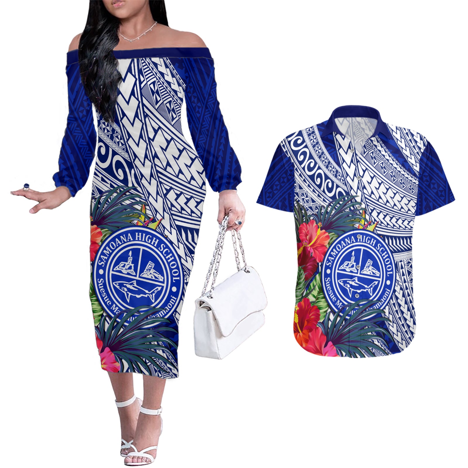 Personalised Samoana High School Couples Matching Off The Shoulder Long Sleeve Dress and Hawaiian Shirt American Samoa Schools Polynesian Tropical Flowers - Wonder Print Shop