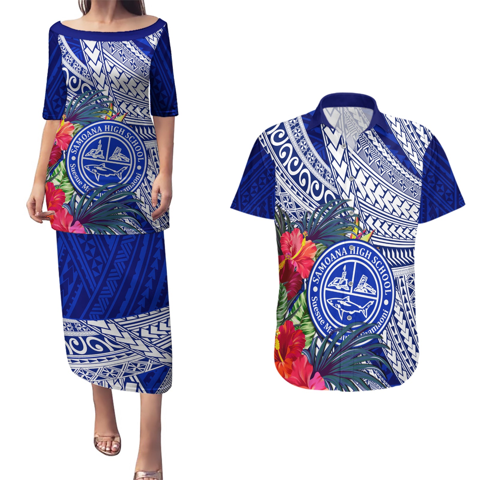 Personalised Samoana High School Couples Matching Puletasi Dress and Hawaiian Shirt American Samoa Schools Polynesian Tropical Flowers - Wonder Print Shop