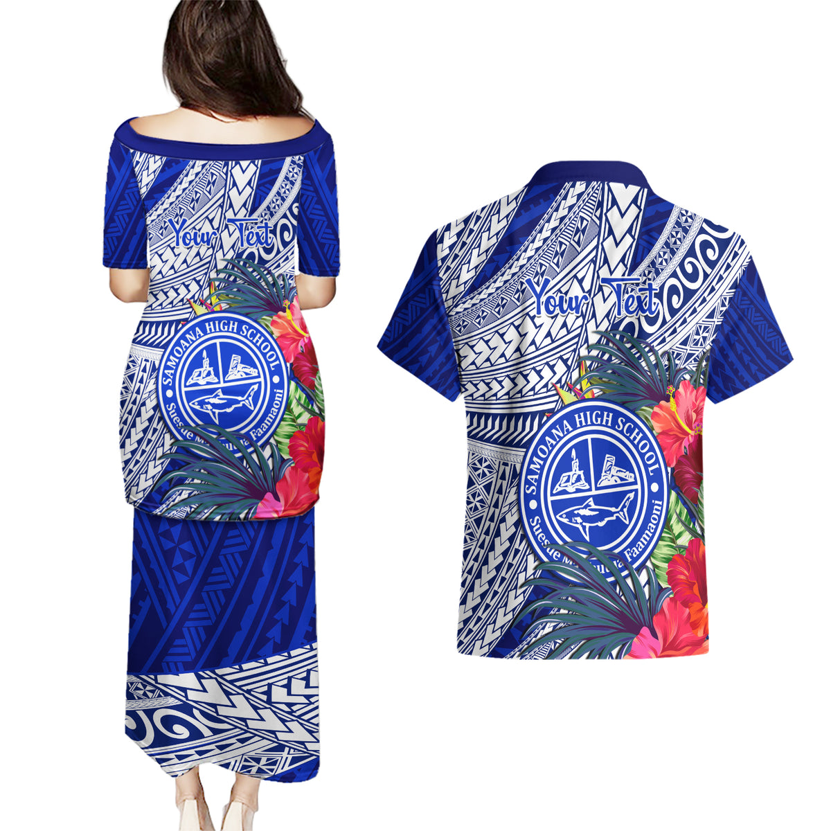 Personalised Samoana High School Couples Matching Puletasi Dress and Hawaiian Shirt American Samoa Schools Polynesian Tropical Flowers - Wonder Print Shop