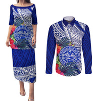 Personalised Samoana High School Couples Matching Puletasi Dress and Long Sleeve Button Shirt American Samoa Schools Polynesian Tropical Flowers - Wonder Print Shop