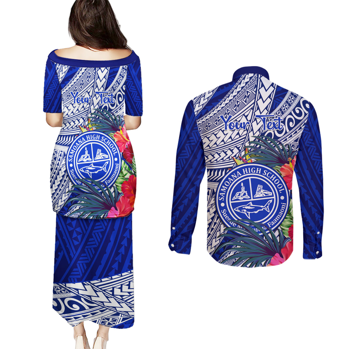Personalised Samoana High School Couples Matching Puletasi Dress and Long Sleeve Button Shirt American Samoa Schools Polynesian Tropical Flowers - Wonder Print Shop
