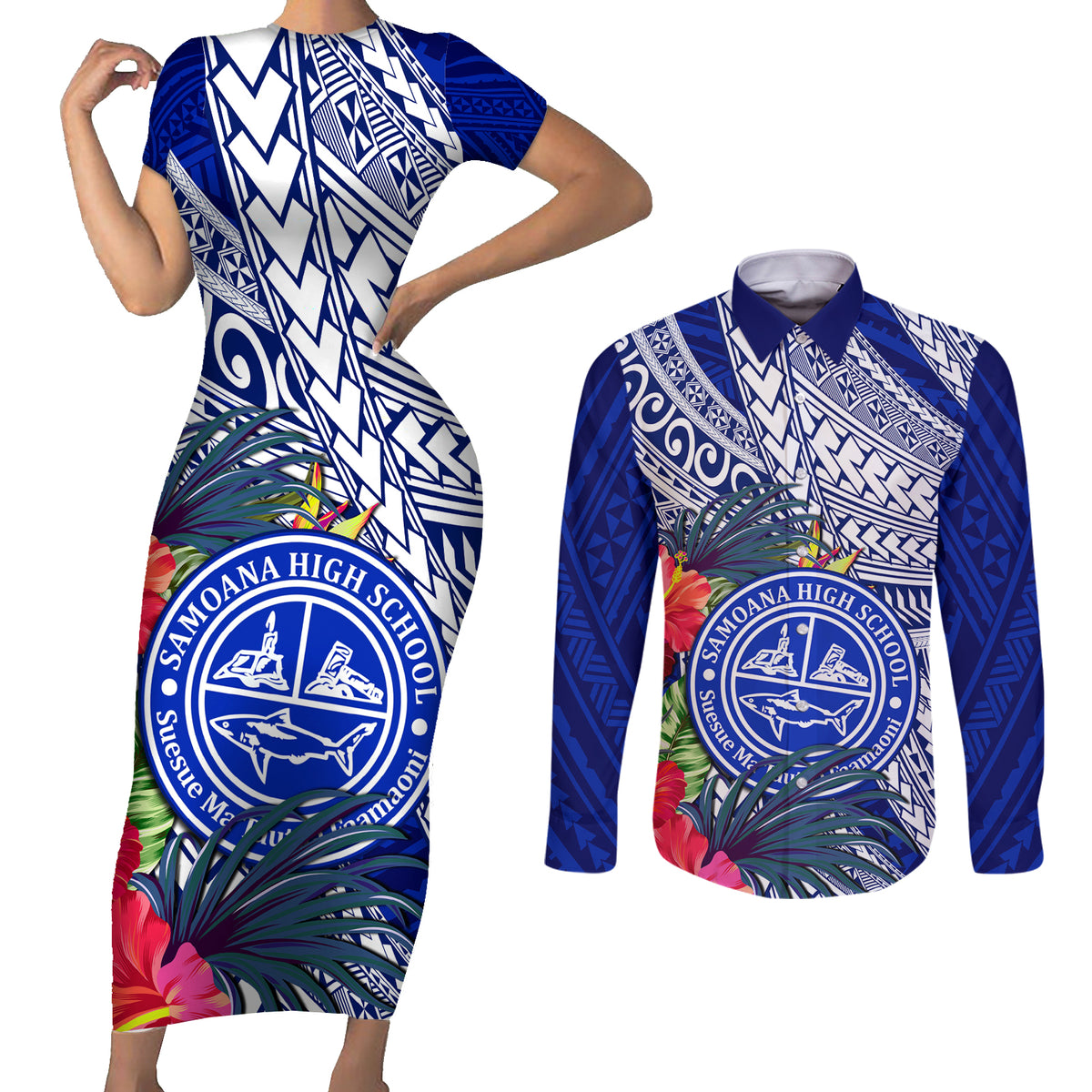 Personalised Samoana High School Couples Matching Short Sleeve Bodycon Dress and Long Sleeve Button Shirt American Samoa Schools Polynesian Tropical Flowers - Wonder Print Shop