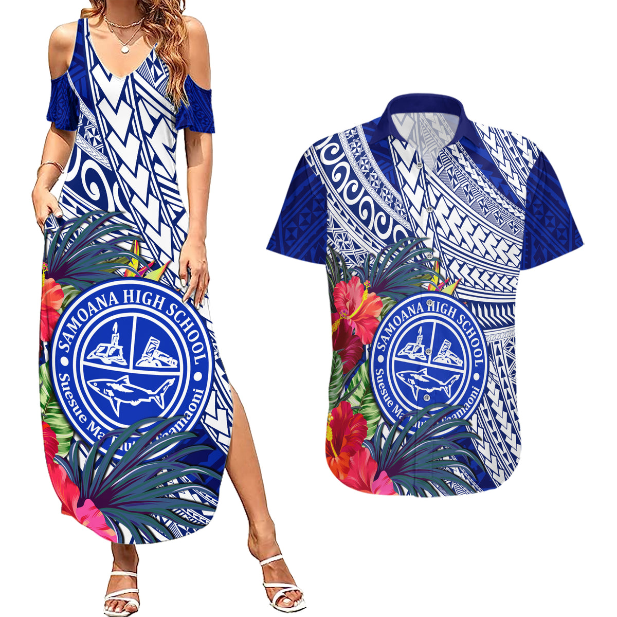 Personalised Samoana High School Couples Matching Summer Maxi Dress and Hawaiian Shirt American Samoa Schools Polynesian Tropical Flowers - Wonder Print Shop
