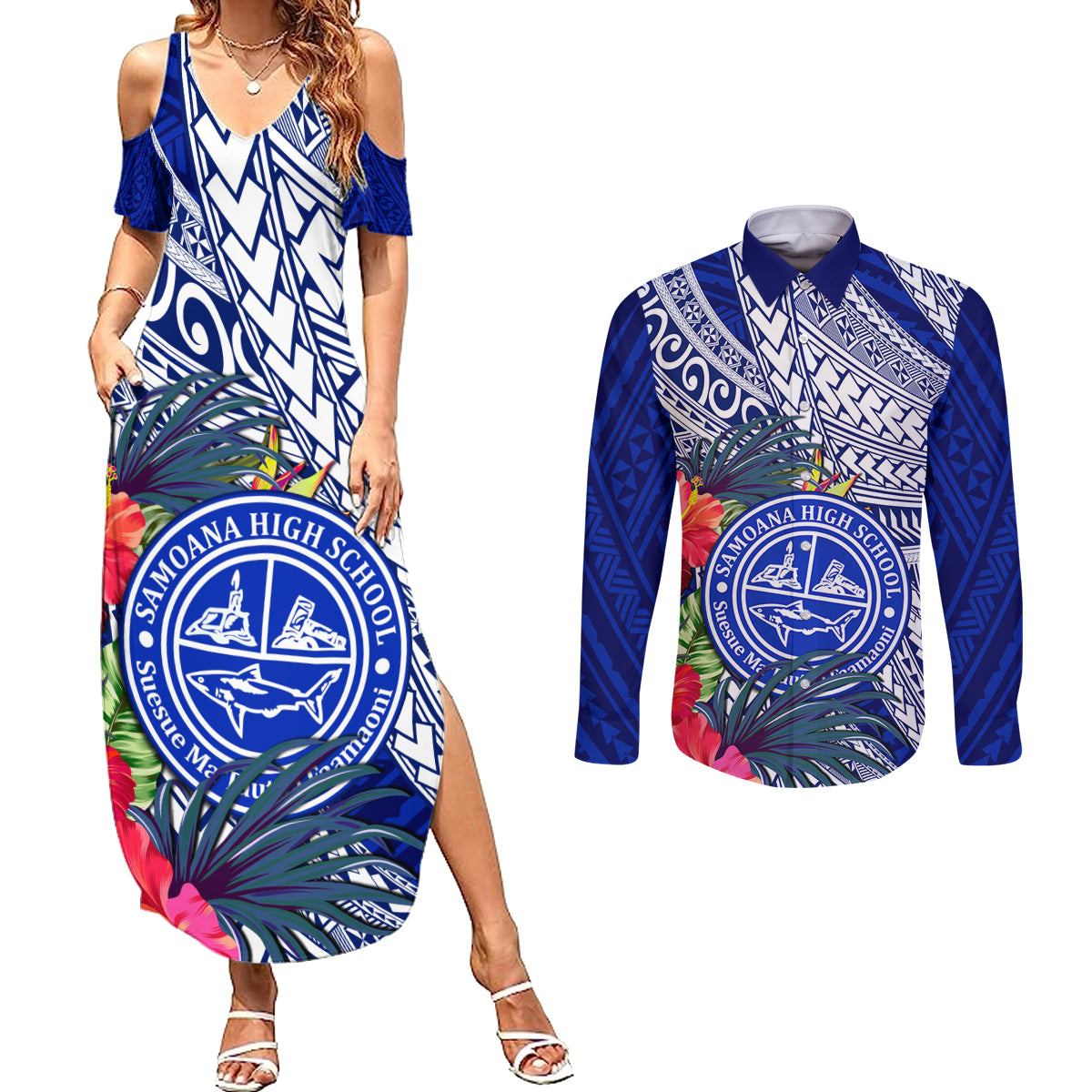 Personalised Samoana High School Couples Matching Summer Maxi Dress and Long Sleeve Button Shirt American Samoa Schools Polynesian Tropical Flowers - Wonder Print Shop