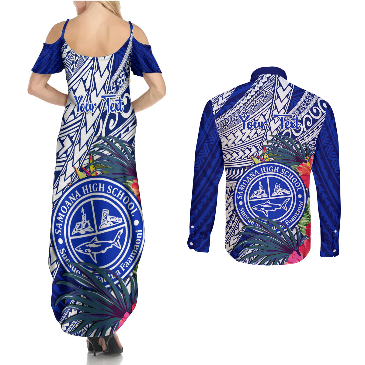 Personalised Samoana High School Couples Matching Summer Maxi Dress and Long Sleeve Button Shirt American Samoa Schools Polynesian Tropical Flowers - Wonder Print Shop