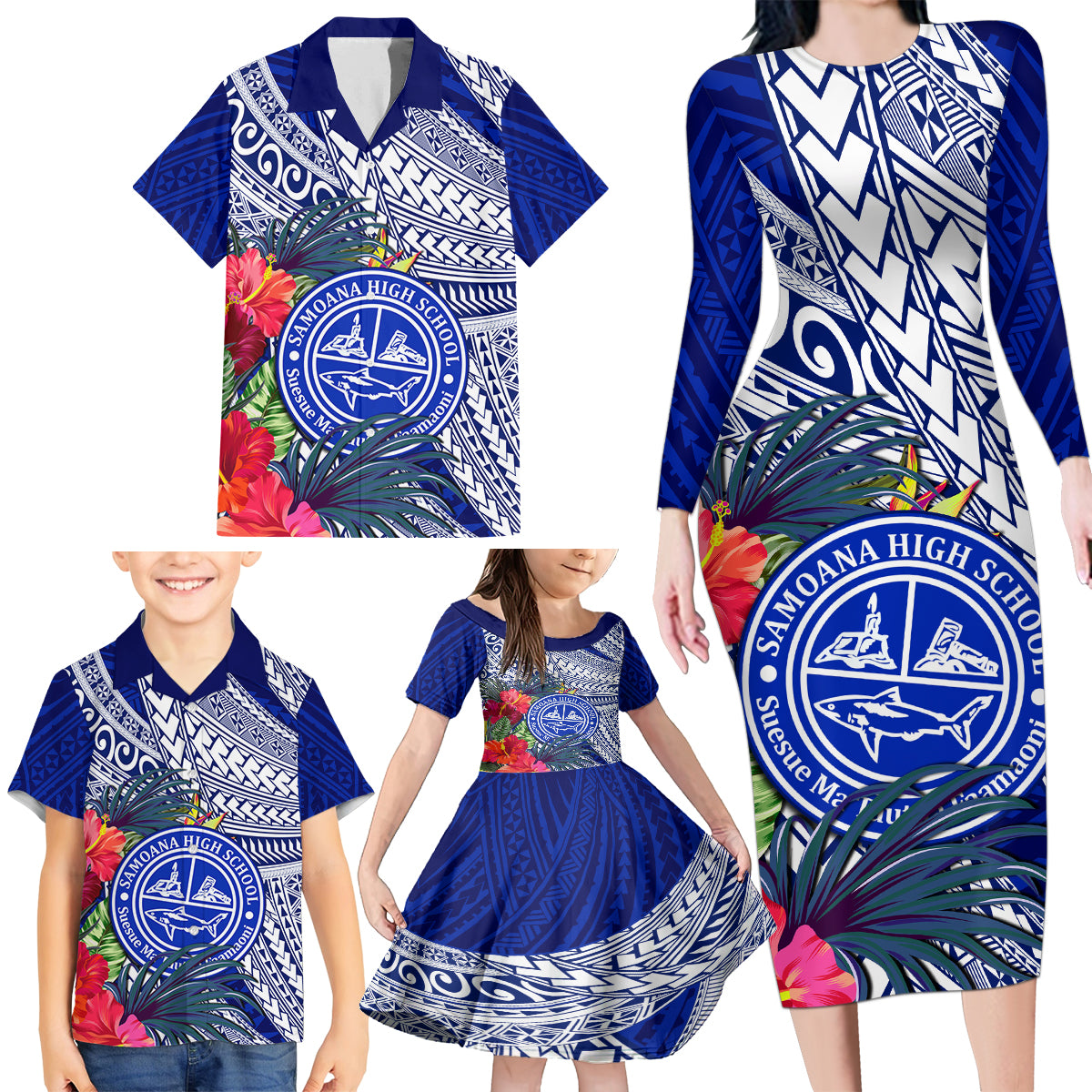 Personalised Samoana High School Family Matching Long Sleeve Bodycon Dress and Hawaiian Shirt American Samoa Schools Polynesian Tropical Flowers - Wonder Print Shop