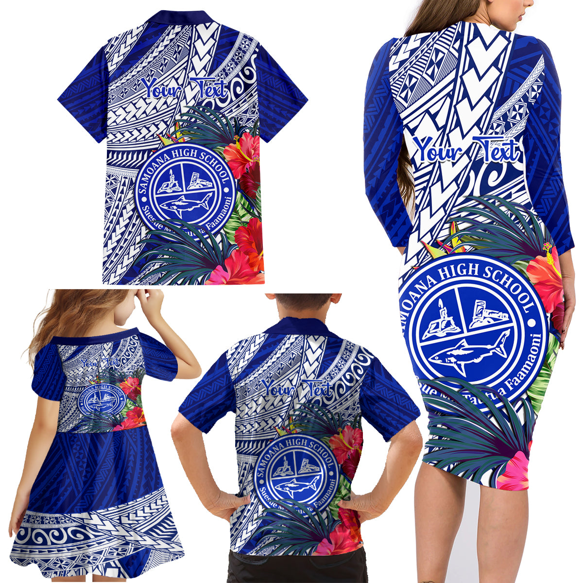 Personalised Samoana High School Family Matching Long Sleeve Bodycon Dress and Hawaiian Shirt American Samoa Schools Polynesian Tropical Flowers - Wonder Print Shop