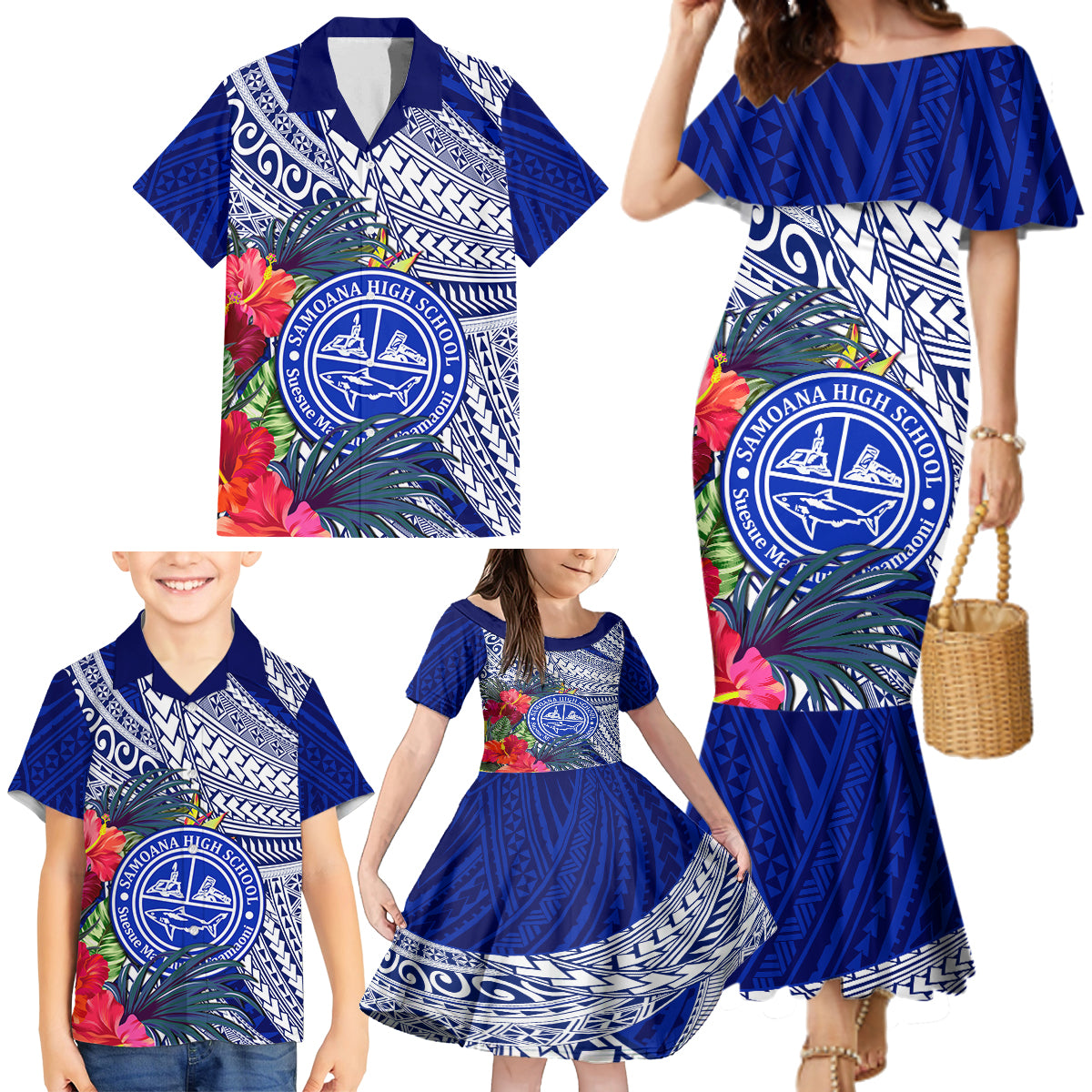 Personalised Samoana High School Family Matching Mermaid Dress and Hawaiian Shirt American Samoa Schools Polynesian Tropical Flowers - Wonder Print Shop