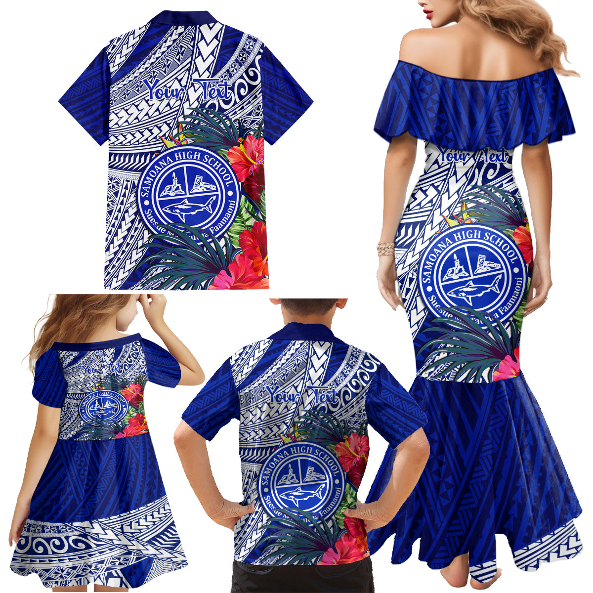 Personalised Samoana High School Family Matching Mermaid Dress and Hawaiian Shirt American Samoa Schools Polynesian Tropical Flowers - Wonder Print Shop
