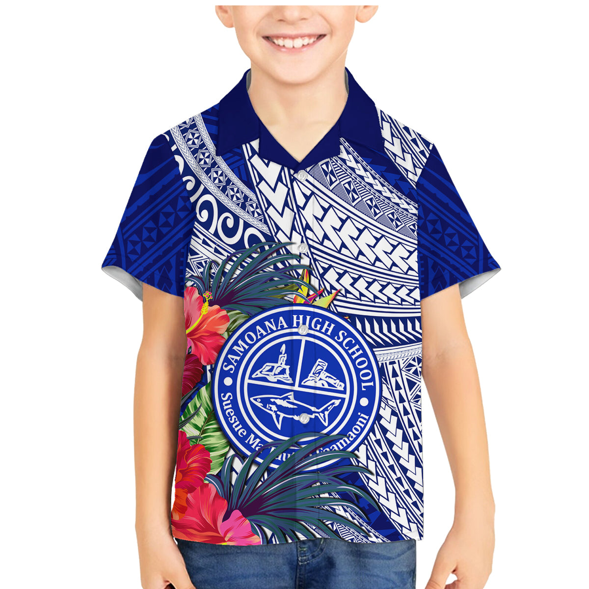 Personalised Samoana High School Family Matching Mermaid Dress and Hawaiian Shirt American Samoa Schools Polynesian Tropical Flowers - Wonder Print Shop