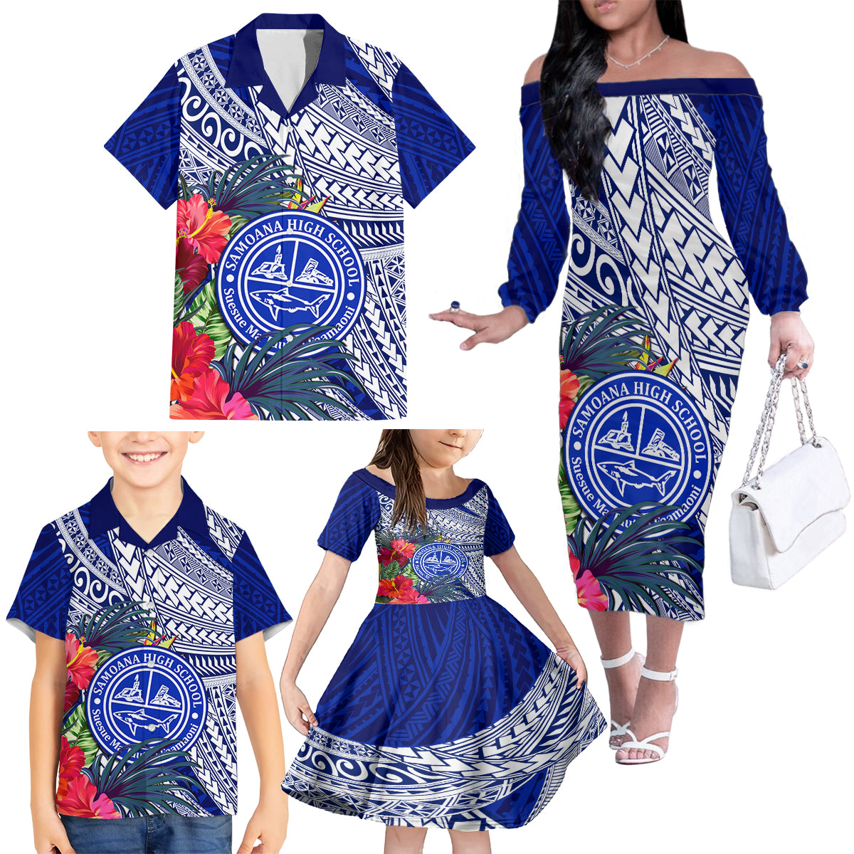 Personalised Samoana High School Family Matching Off Shoulder Long Sleeve Dress and Hawaiian Shirt American Samoa Schools Polynesian Tropical Flowers - Wonder Print Shop