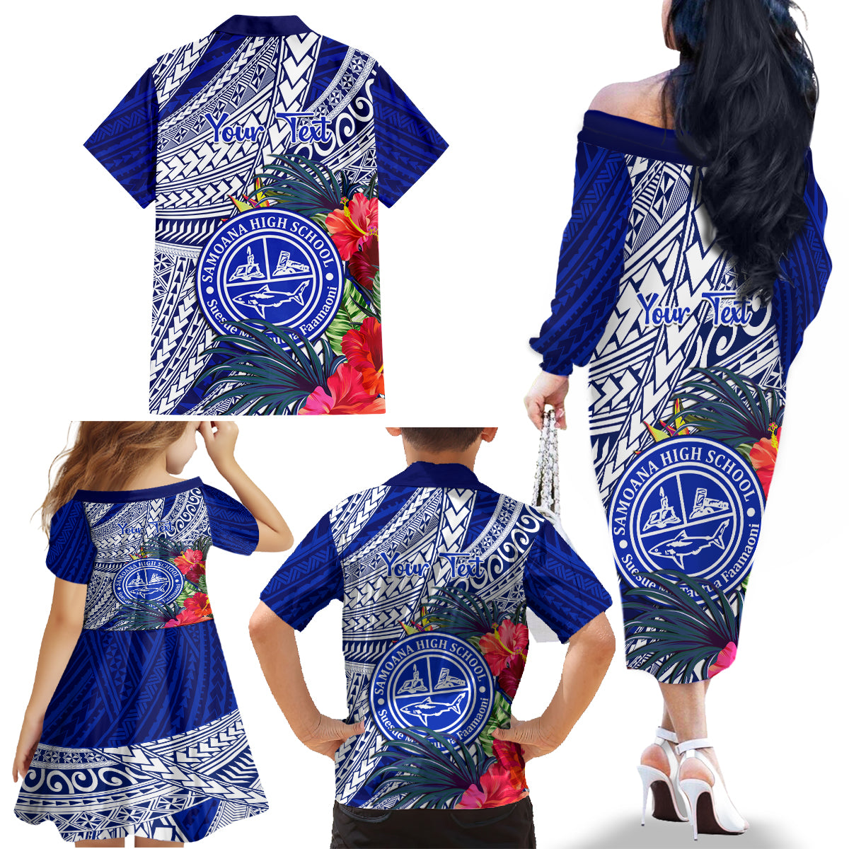 Personalised Samoana High School Family Matching Off Shoulder Long Sleeve Dress and Hawaiian Shirt American Samoa Schools Polynesian Tropical Flowers - Wonder Print Shop