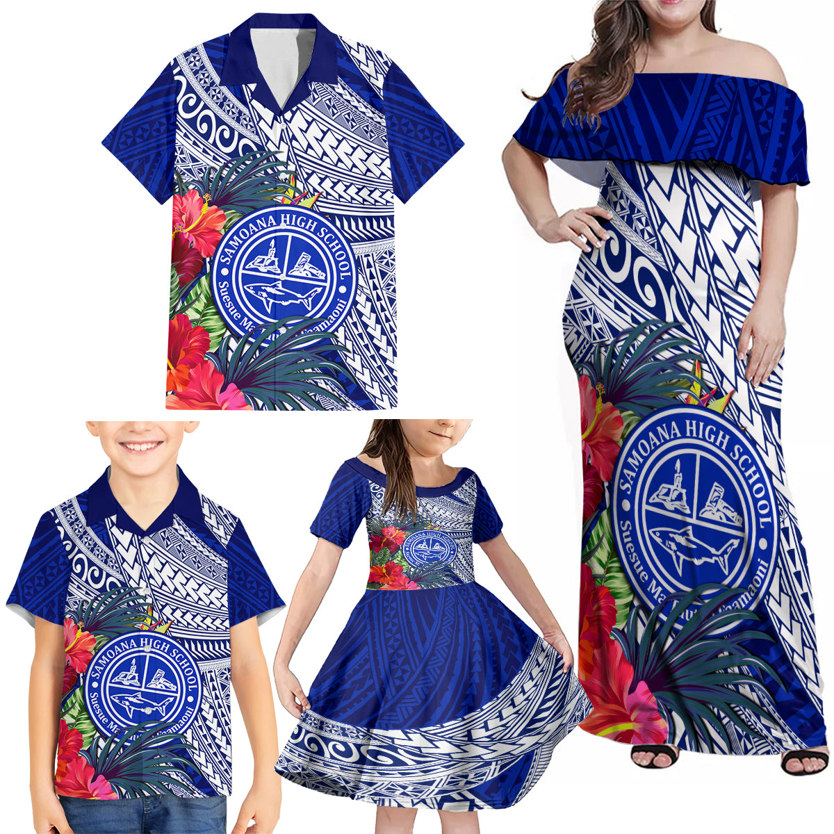 Personalised Samoana High School Family Matching Off Shoulder Maxi Dress and Hawaiian Shirt American Samoa Schools Polynesian Tropical Flowers - Wonder Print Shop