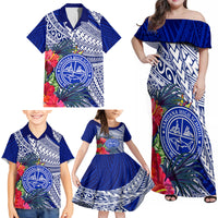 Personalised Samoana High School Family Matching Off Shoulder Maxi Dress and Hawaiian Shirt American Samoa Schools Polynesian Tropical Flowers - Wonder Print Shop