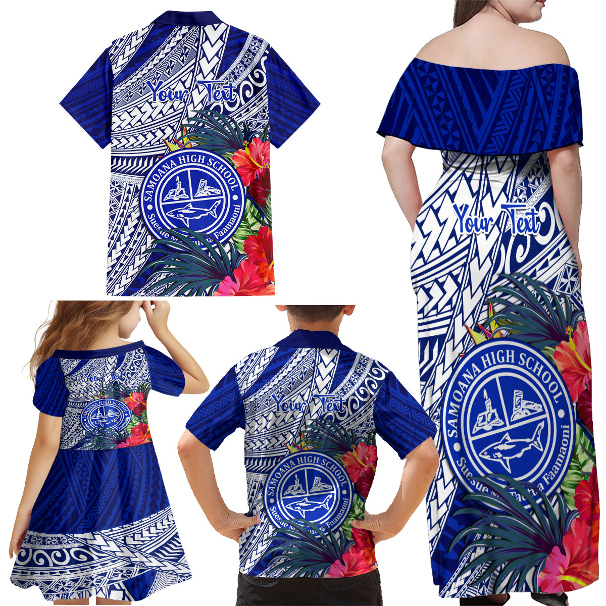 Personalised Samoana High School Family Matching Off Shoulder Maxi Dress and Hawaiian Shirt American Samoa Schools Polynesian Tropical Flowers - Wonder Print Shop
